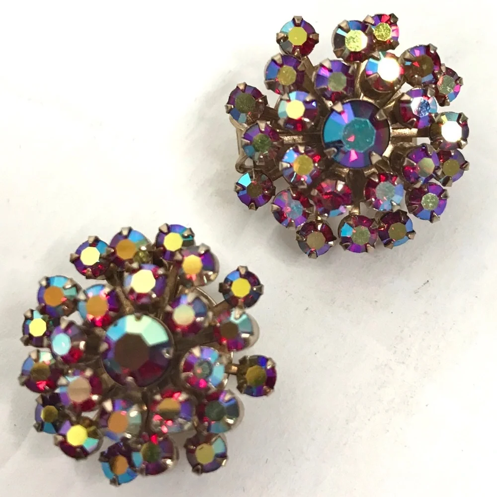 WEISS Vintage Rhinestone Ear Clips Red Designer